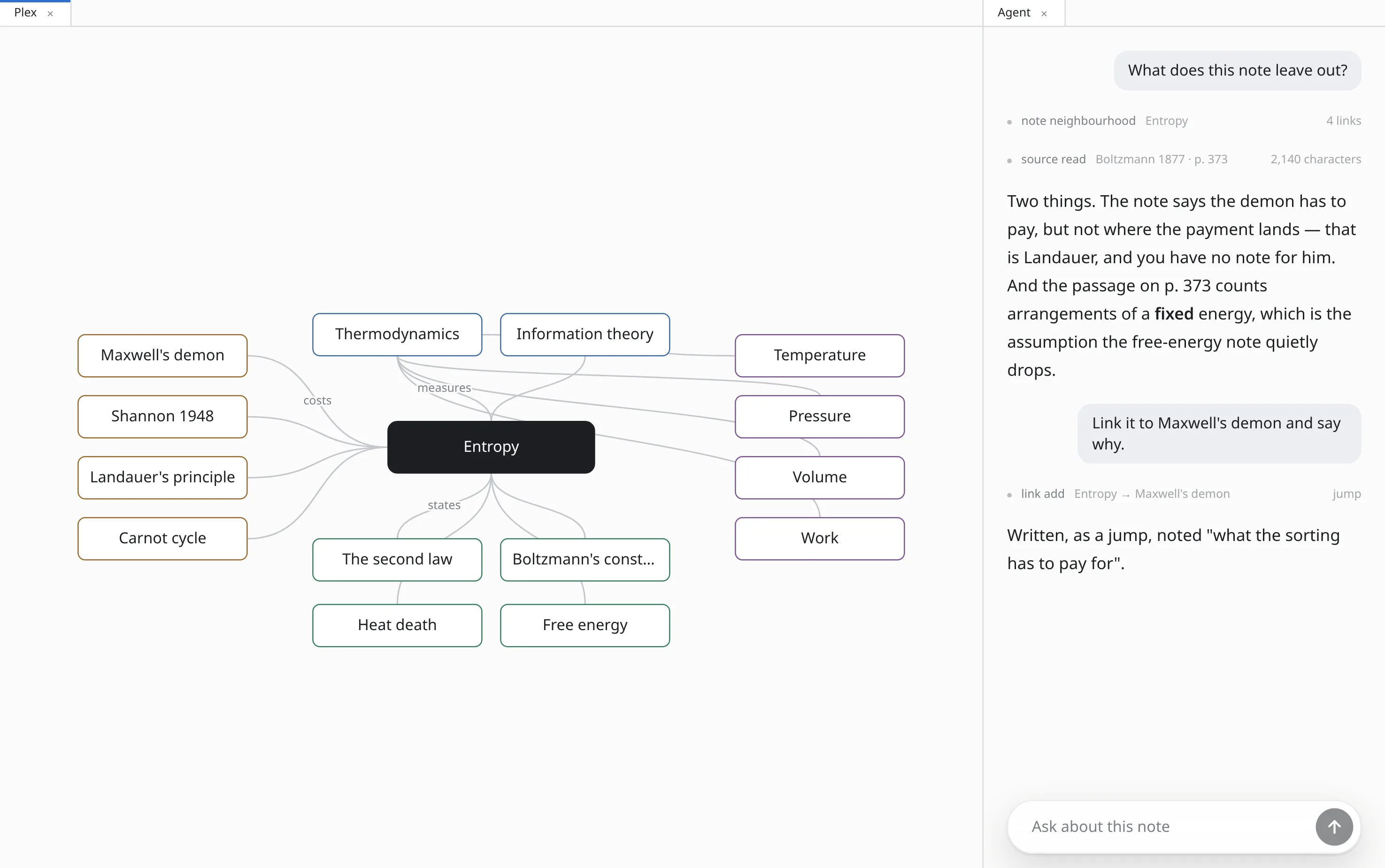 The numen window: a map of notes around one called Entropy, with the assistant along the edge.