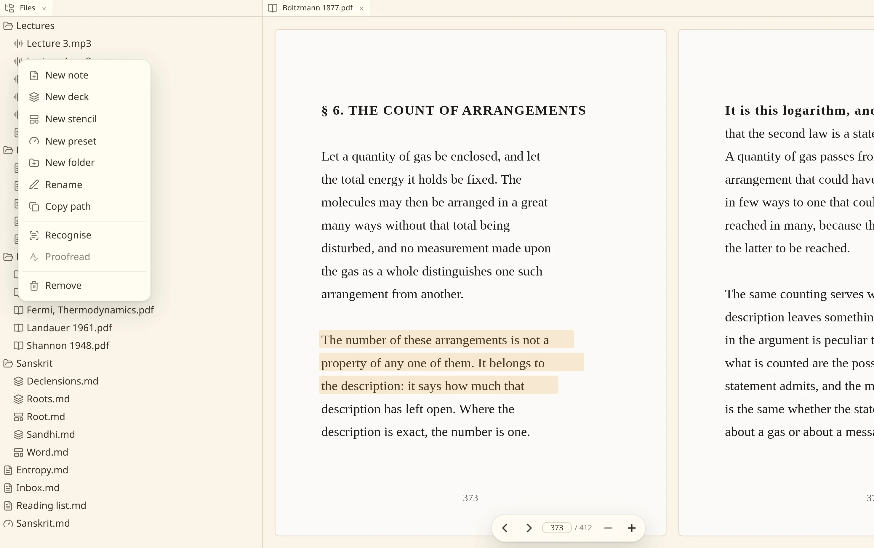 The numen window: a scanned book open beside the file tree, with the menu on it offering to recognise its text.