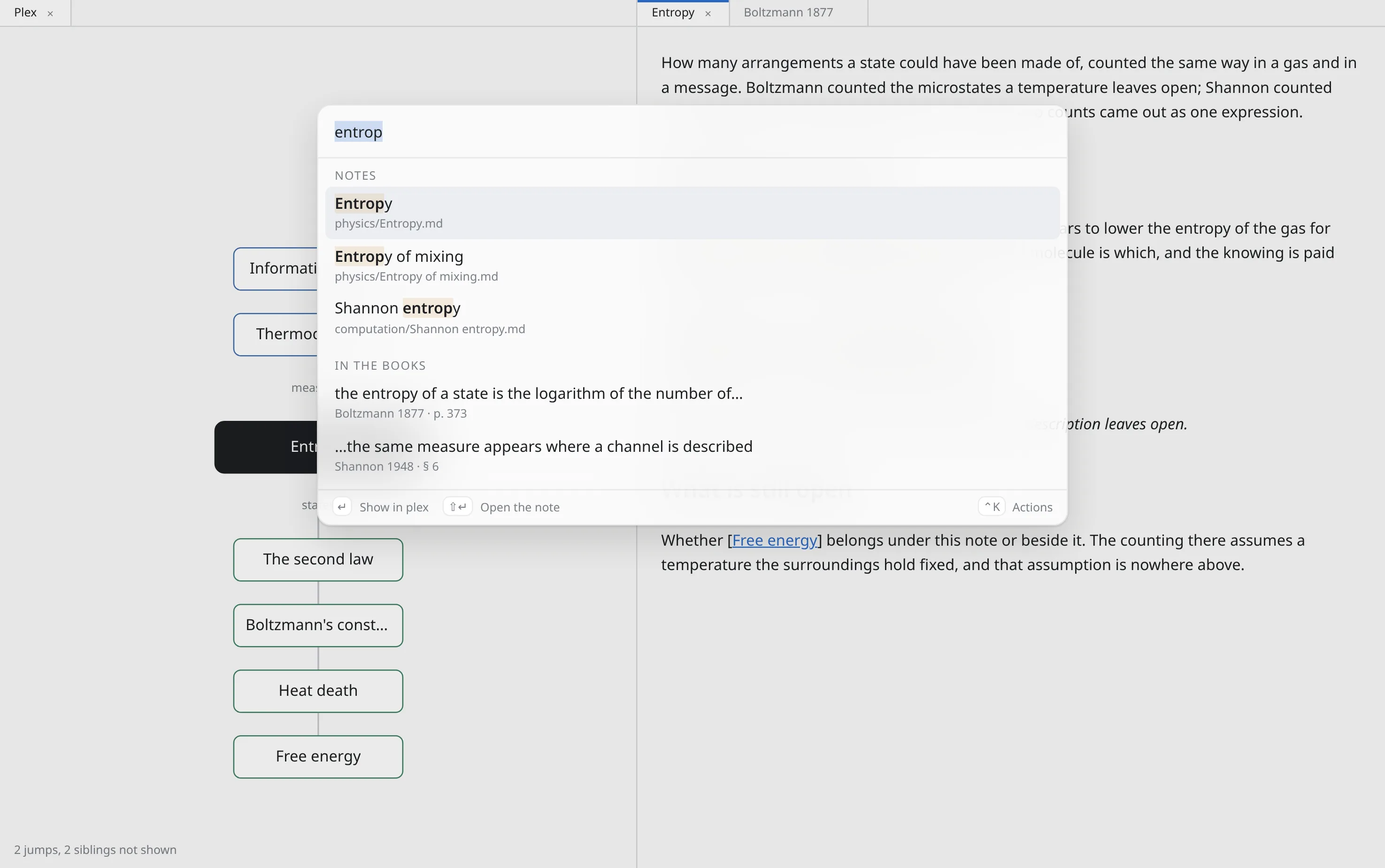 The numen window with the search field open over it, showing matching notes and the lines inside them.