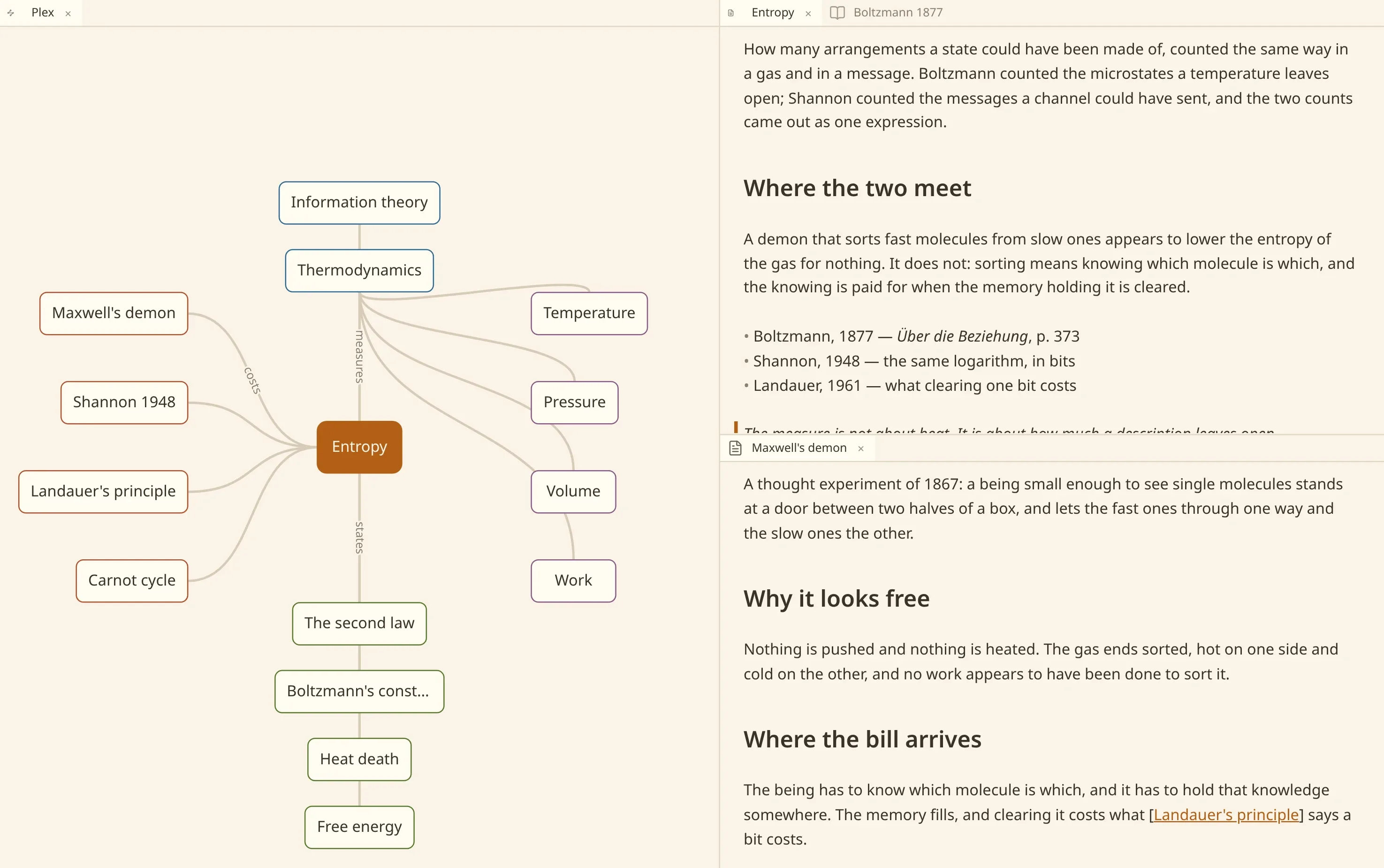The numen window: a note being written in markdown, the map beside it.